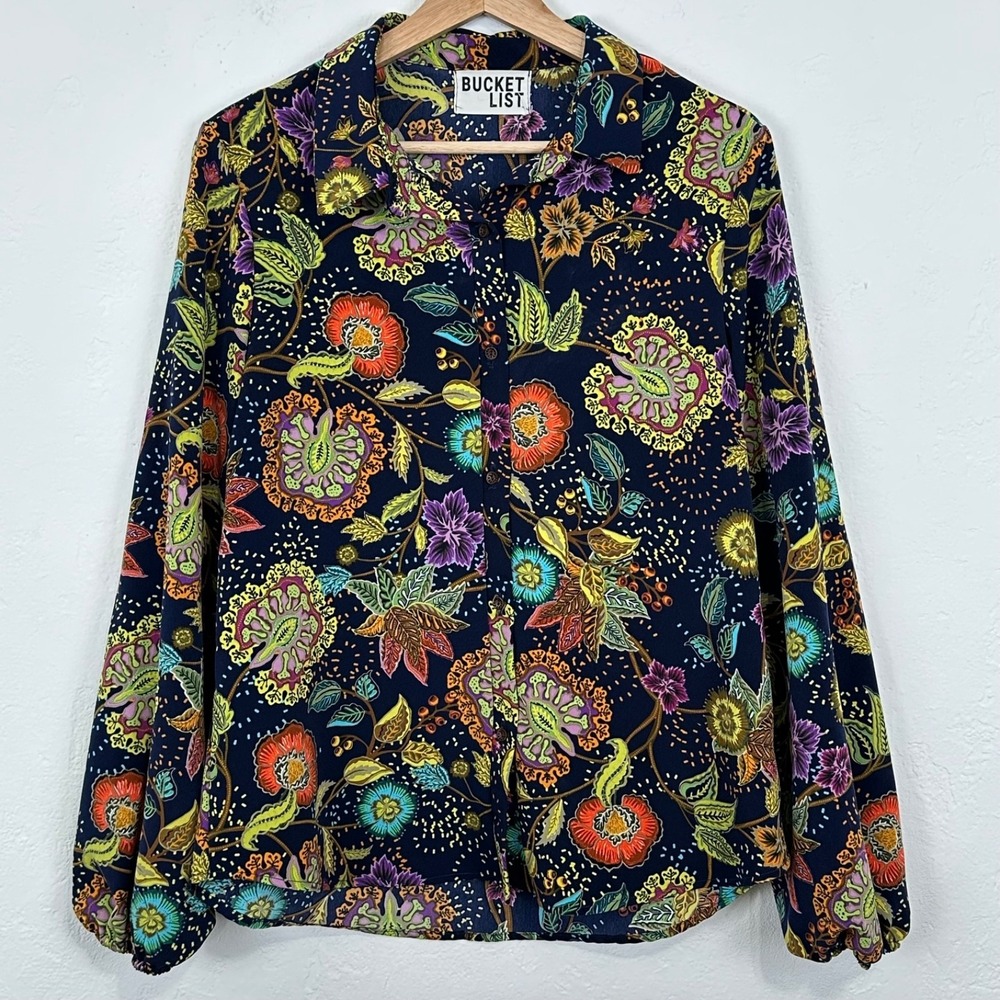 Womens Festival Psychedelic Eclectic Shirt Large Multicolor Artsy Floral Button